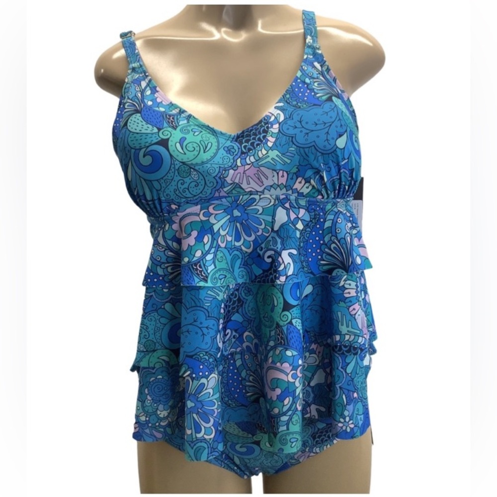 Nicole Miller Blue Multi 2 PCTankini Three Tier Ruffle Set, Size XL NWT